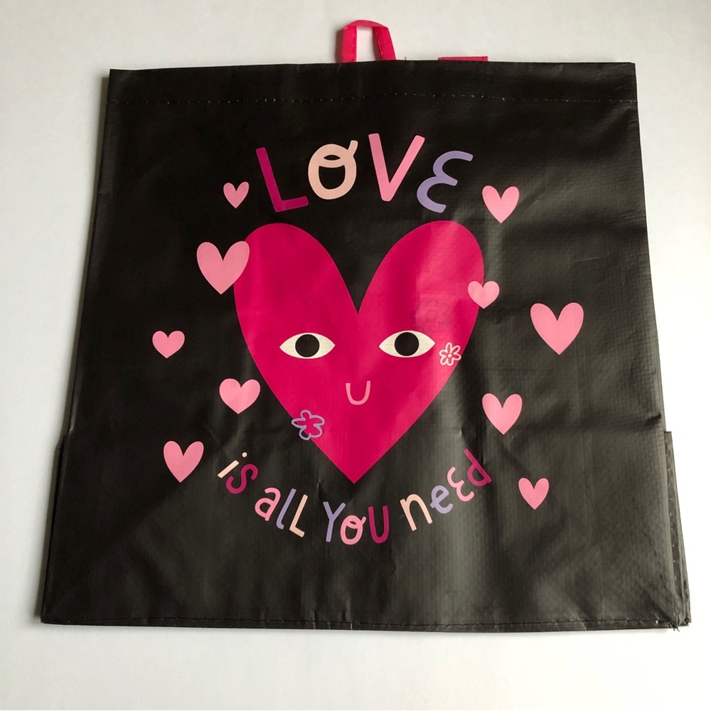 3/$15 NEW EARTHWISE Reusable Grocery Bag LOVE IS ALL YOU NEED Black Pink 13.5”